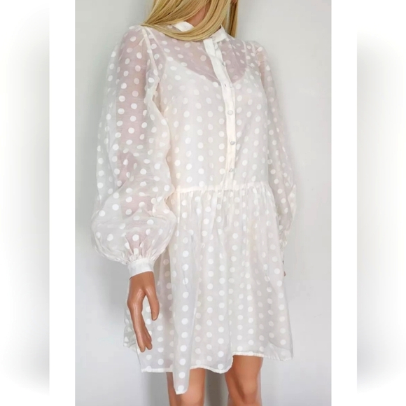 H&M HM POLKA DOT SHEER LIGHT BEIGE LONG SLEEVES SHORT BABYDOLL DRESS XS - Picture 1 of 11